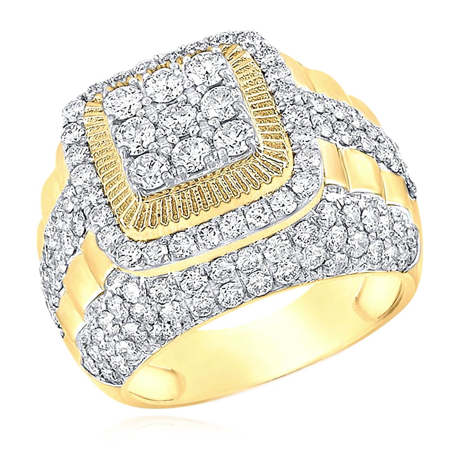 14k Gold 5 ct Round Diamond Ribbed Square Cluster Ring