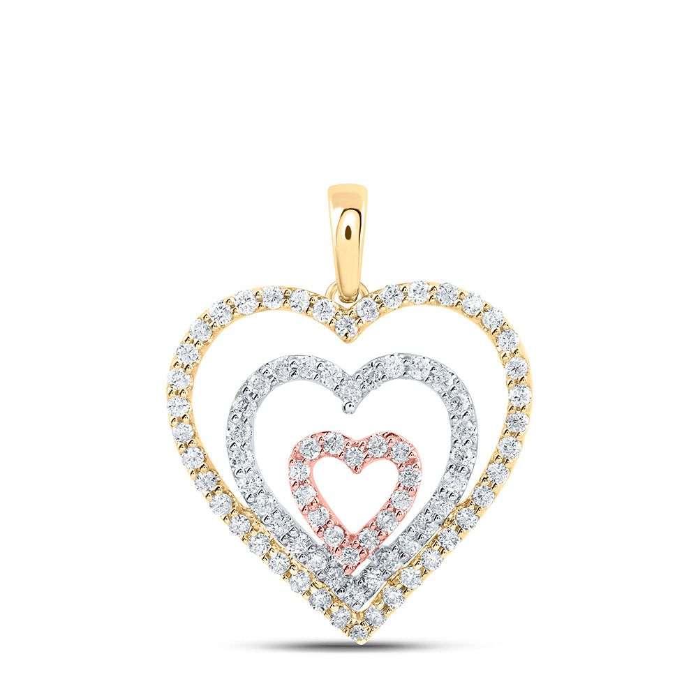 10k Tri-Tone Gold 1/2 ct Diamond Triple Nested Heart Pendant