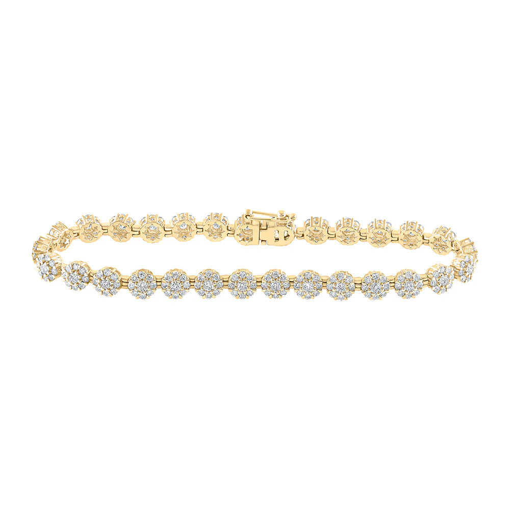 10k Yellow Gold 4 ct Diamond Flower Cluster Bracelet 3-7/8 Cttw