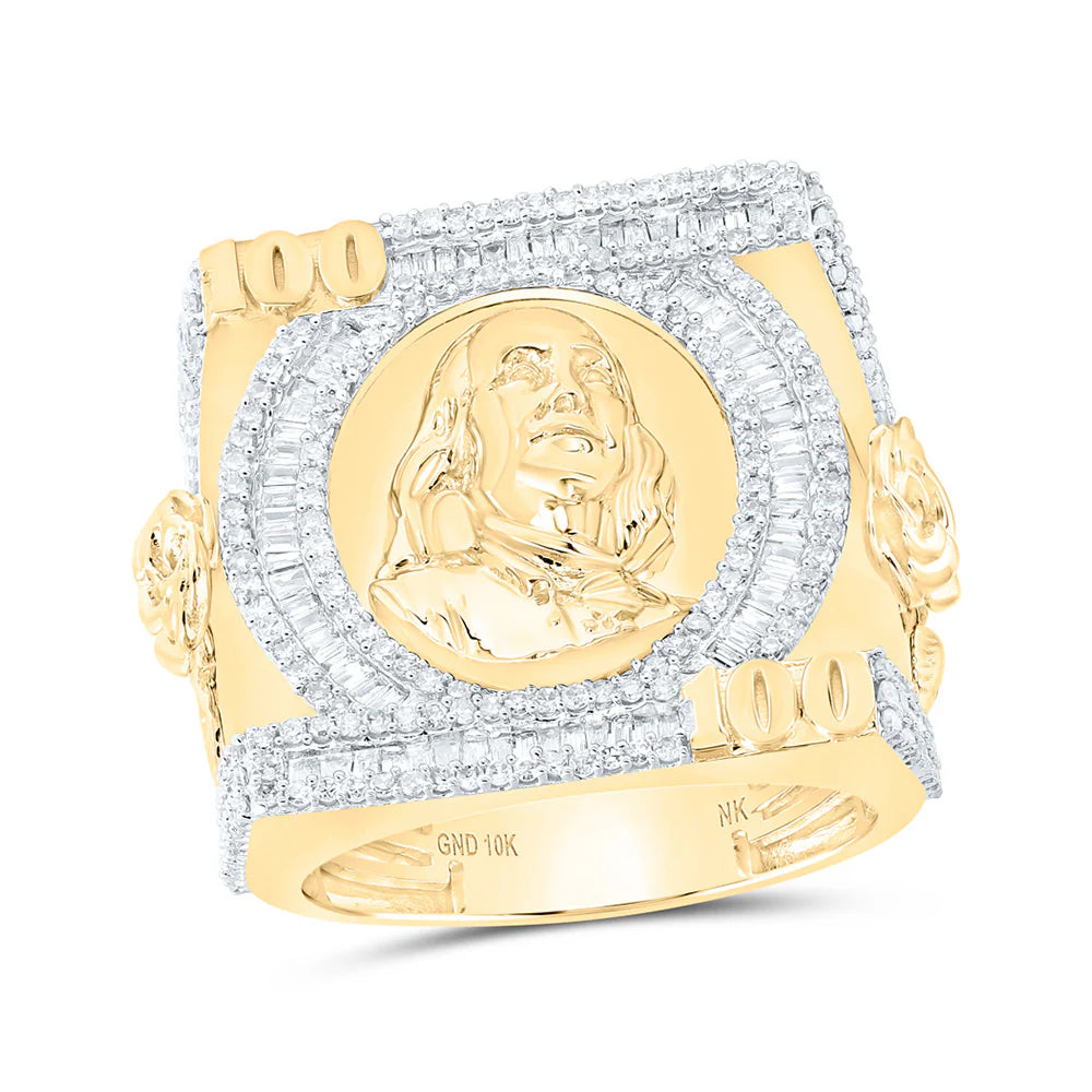 10k Gold 1.5 ct Baguette Diamond Ben Franklin 100 Cluster Ring