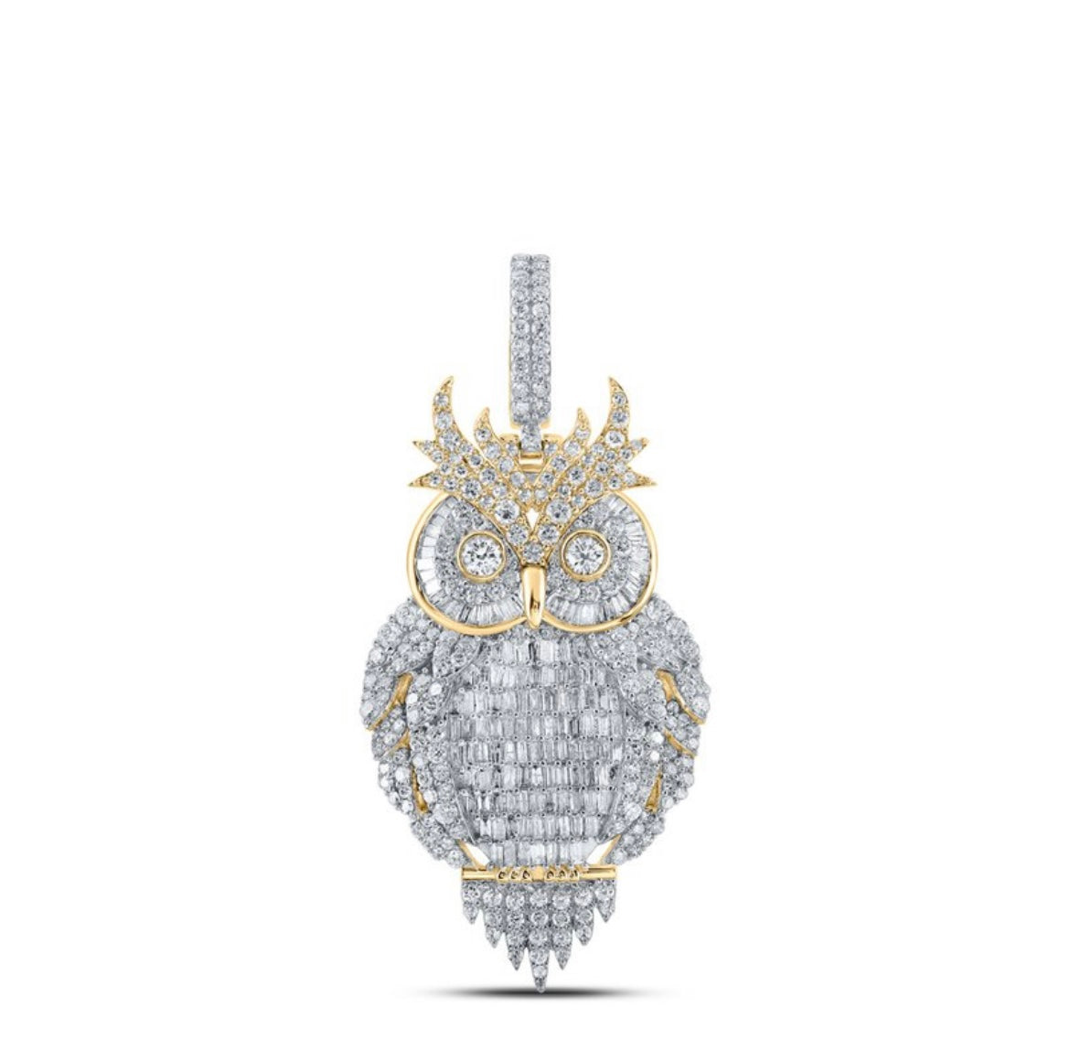 10k Gold 4 ct Baguette Diamond Owl Pendant