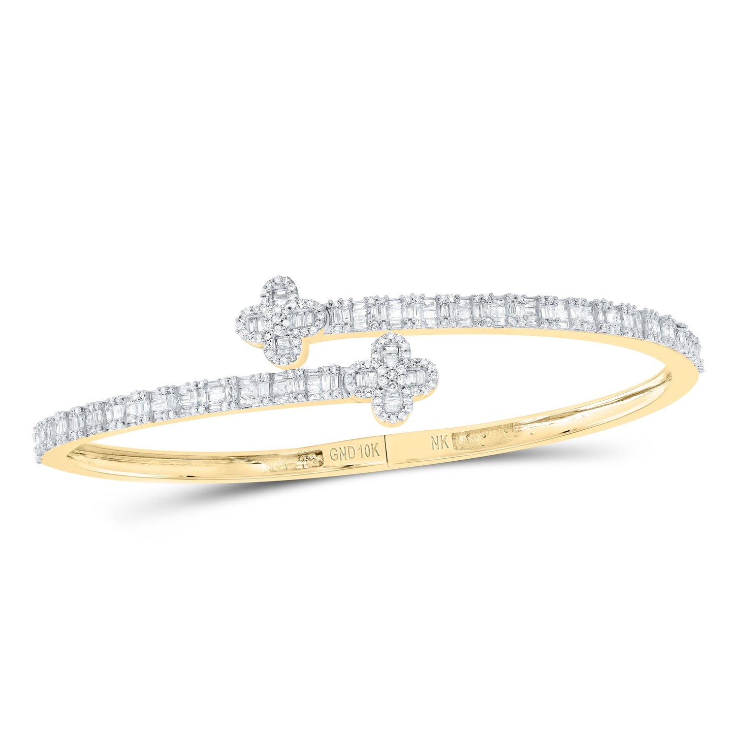 10k Gold 1 5/8 ct Baguette Diamond Clover Cuff Bracelet