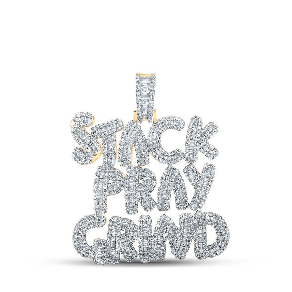 10K Gold 3 ct Baguette Diamond Stack Pray Grind Pendant