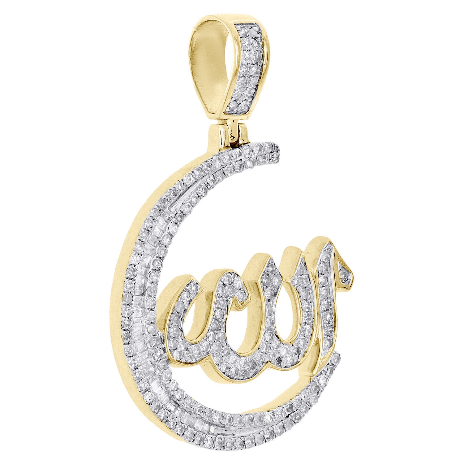 10k Gold 1 ct Baguette Diamond Allah Moon Pendant