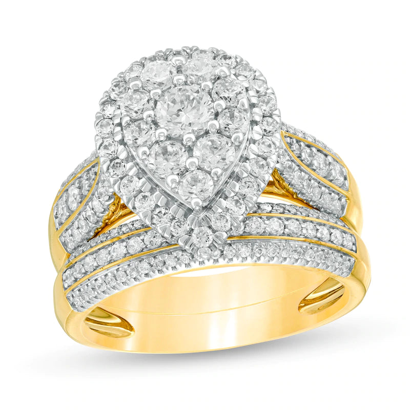 14K Gold Pear 2ct Diamond Bridal Wedding Ring Set