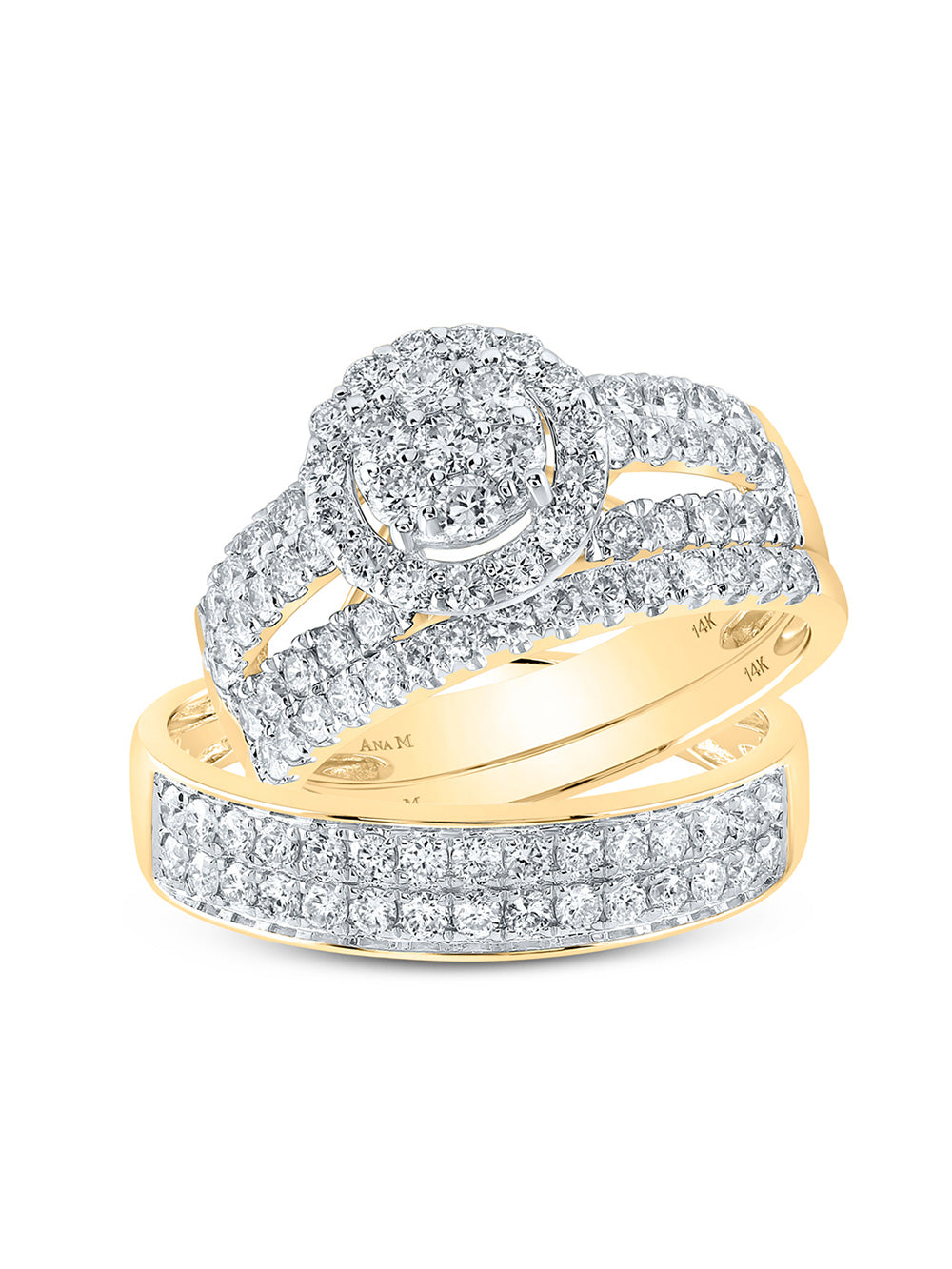 14kt Gold 1.75 Ct Diamond Cluster Wedding Ring Set