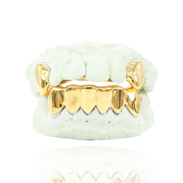 2 Teeth With Extended Fangs & 6 Bottom Gold Grillz