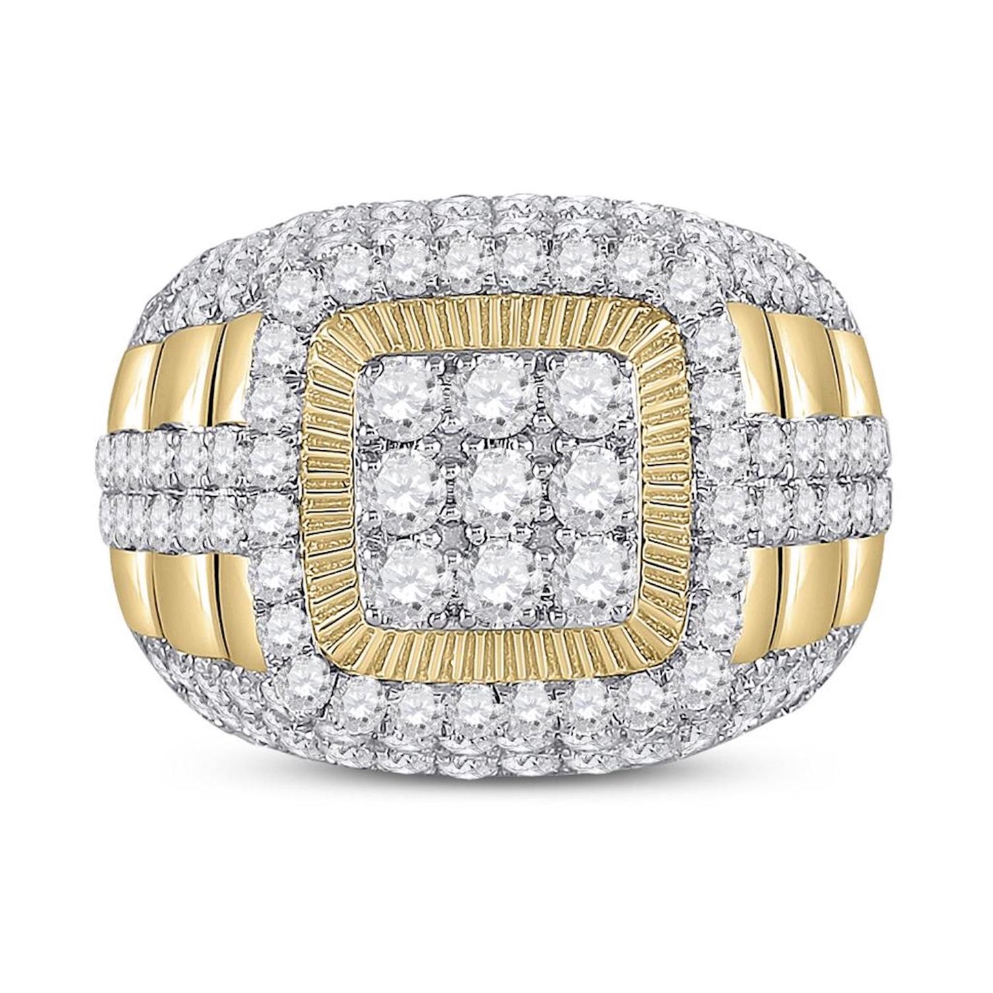14k Gold 5 ct Round Diamond Ribbed Square Cluster Ring