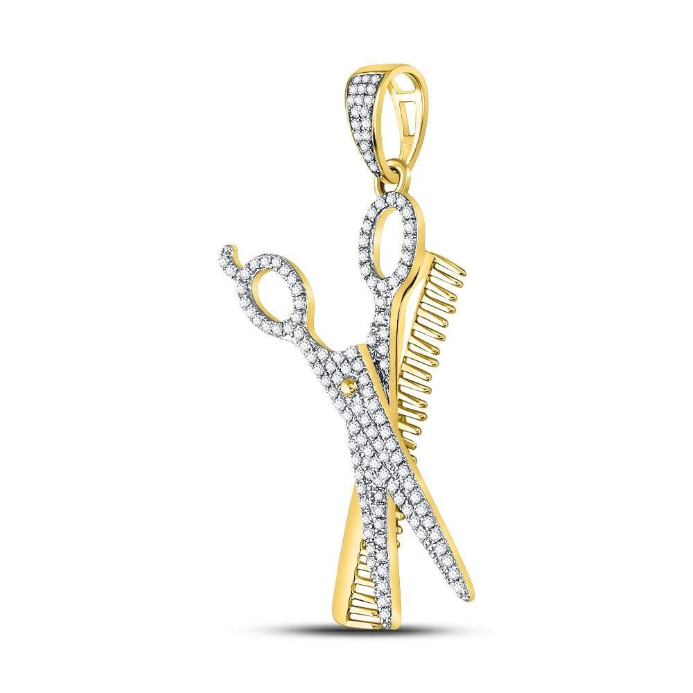 10K Gold 3/4 ct Diamond Scissors Comb Barber Pendant
