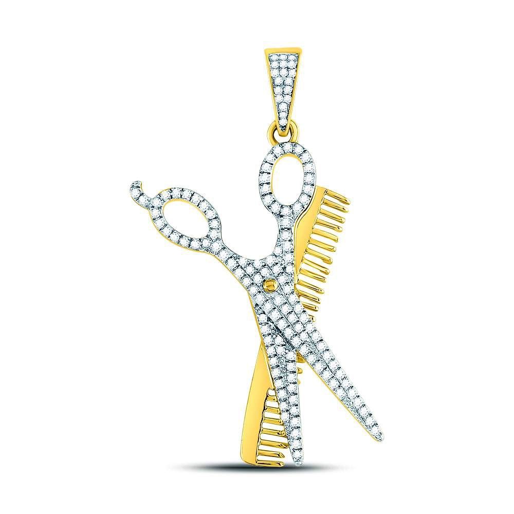 10K Gold 3/4 ct Diamond Scissors Comb Barber Pendant