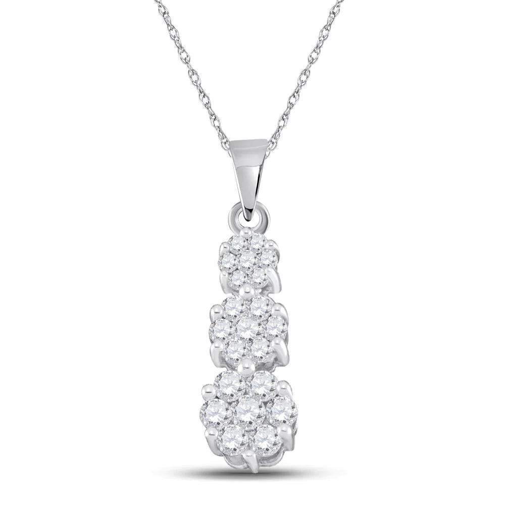 14K White Gold 1/2 ct Diamond Triple Flower Cluster Pendant