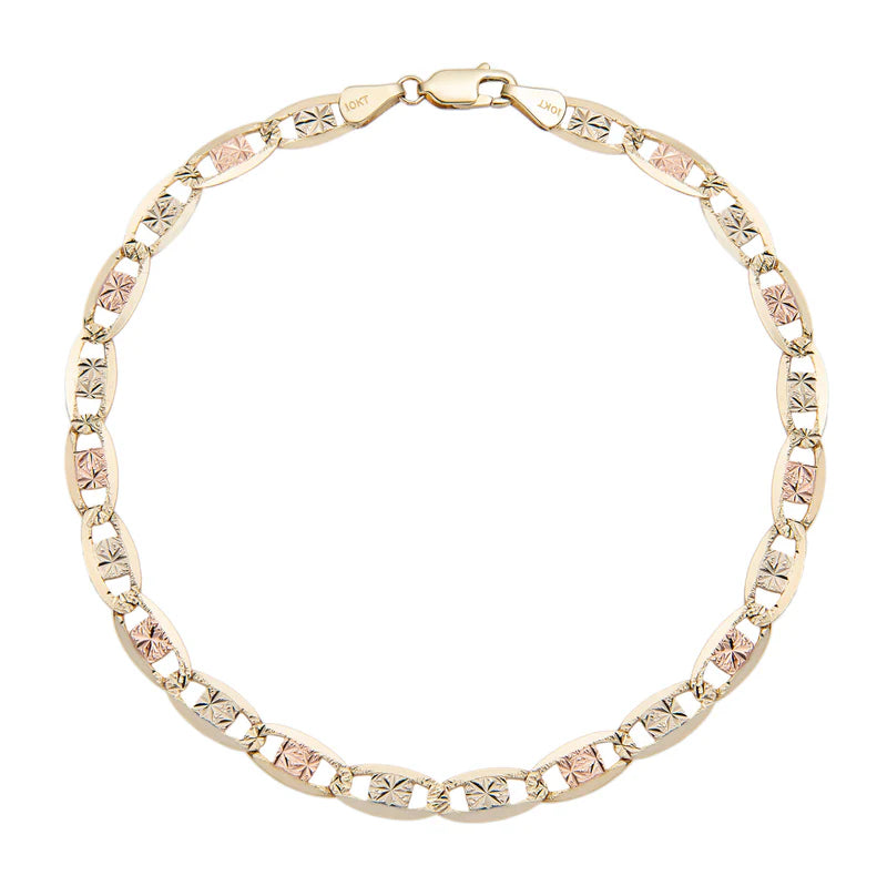 10k Tri-Color Gold Diamond-Cut Valentino Link Anklet