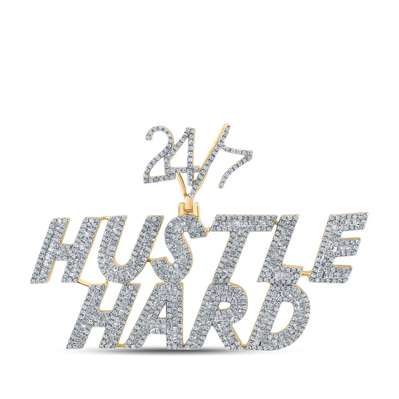 10k Gold 2 5/8 ct Baguette Diamond Hustle Hard 24/7 Pendant
