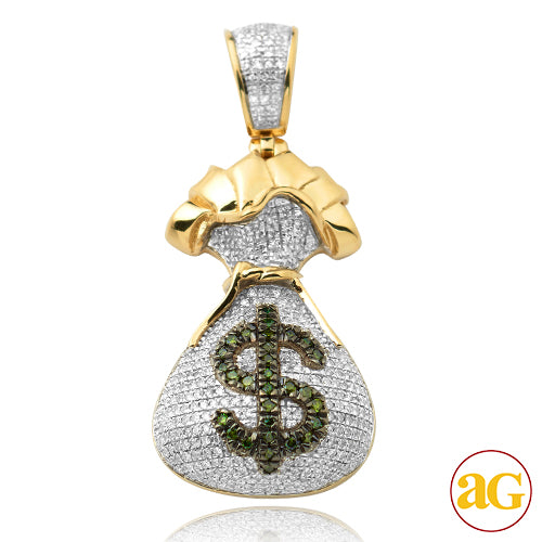 10k Gold .85 ct Green and White Diamond Money Bag Pendant