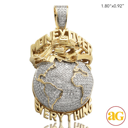 10k Gold 1 ct Diamond "Money Over Everything" Globe Pendant