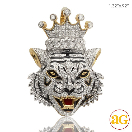 10k Gold 1 ct Diamond Tiger With Crown Pendant