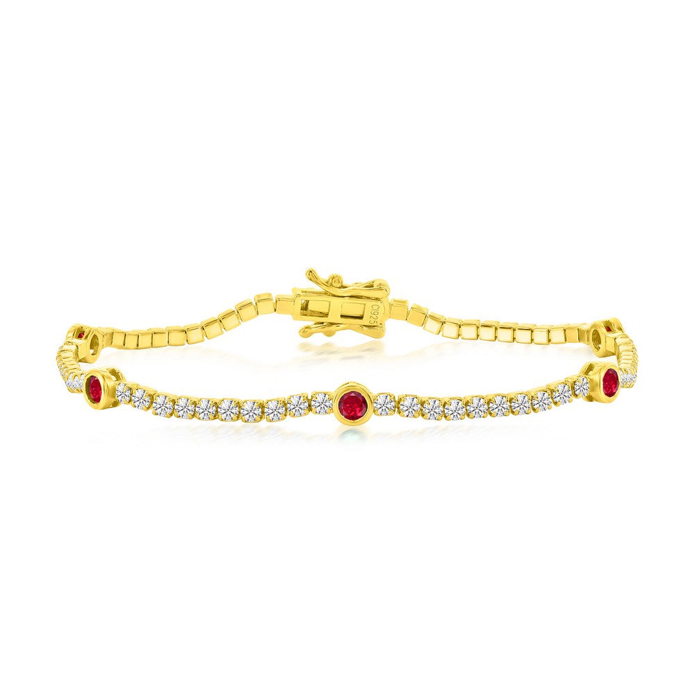 Sterling Silver, Bezel-Set CZ Gold Plated Bracelet - Ruby