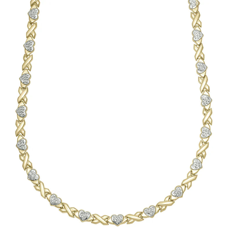 10k Yellow White Gold Diamond-Cut Hearts & Kisses Necklace