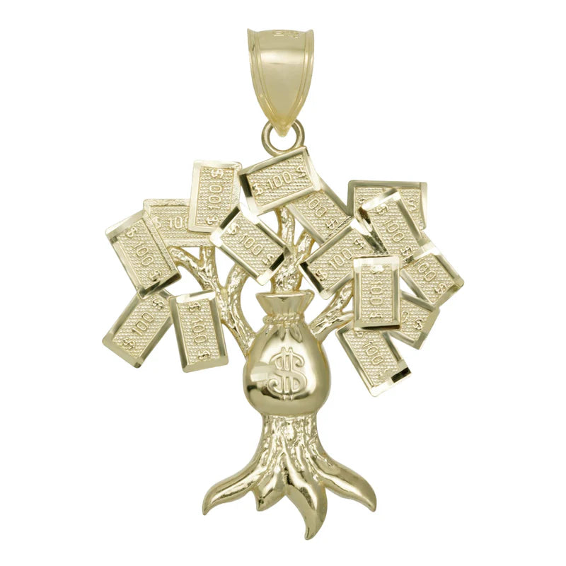 10k Gold Diamond-Cut Money Bag Tree Pendant