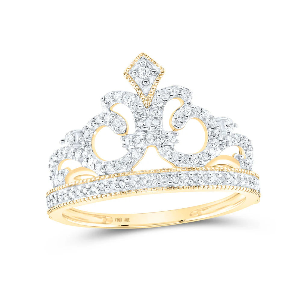 10k Gold 1/5 ct Diamond Fleur Crown Tiara Ring