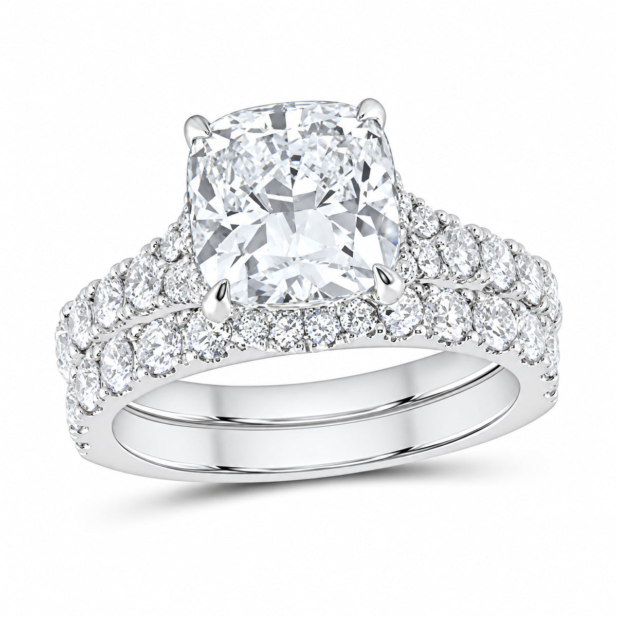 14K White Gold 4 1/2 CTW Lab-Grown Diamond Cushion Halo Bridal Ring Set