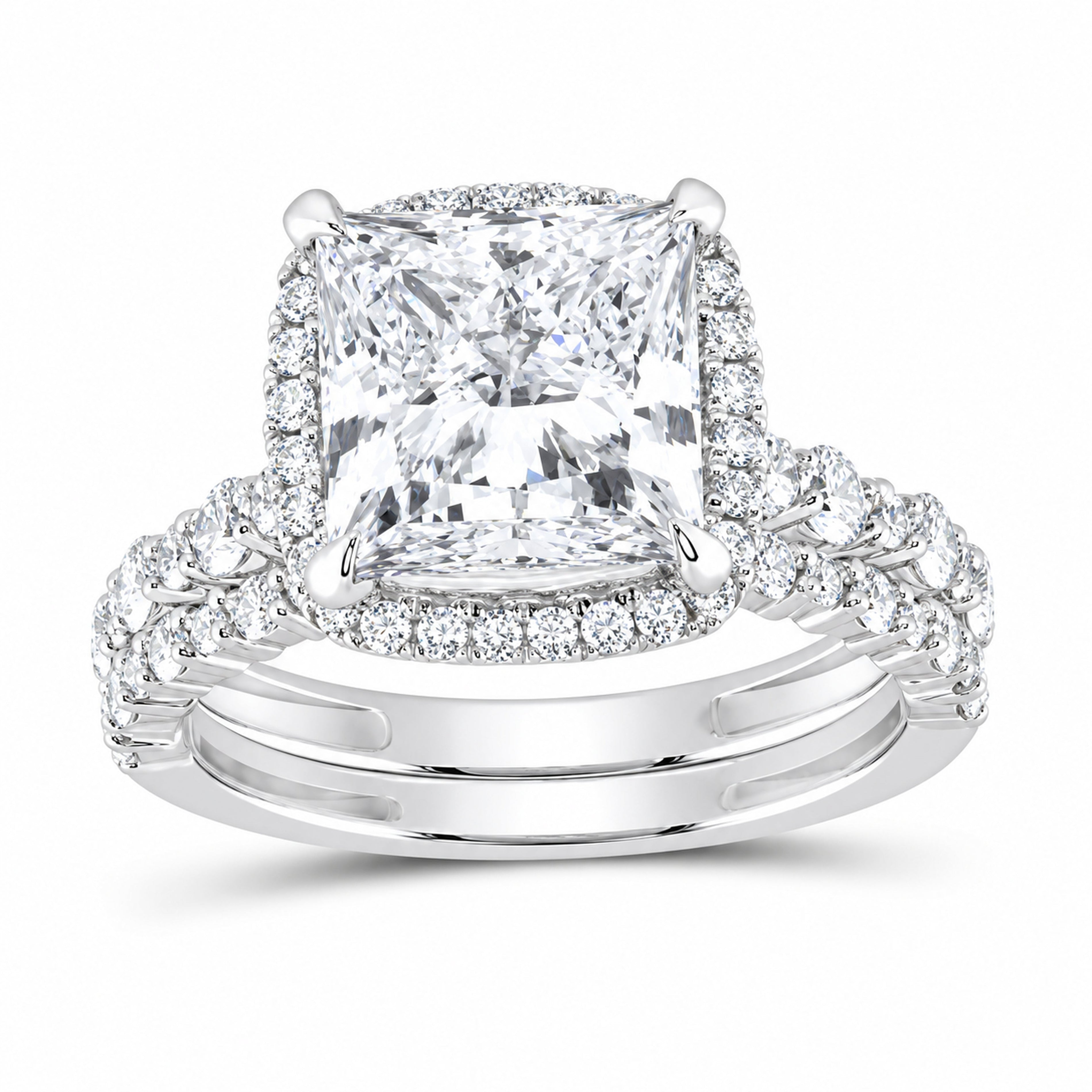 14K White Gold 5 CTW Lab-Grown Diamond Princess Cushion Halo Bridal Ring Set