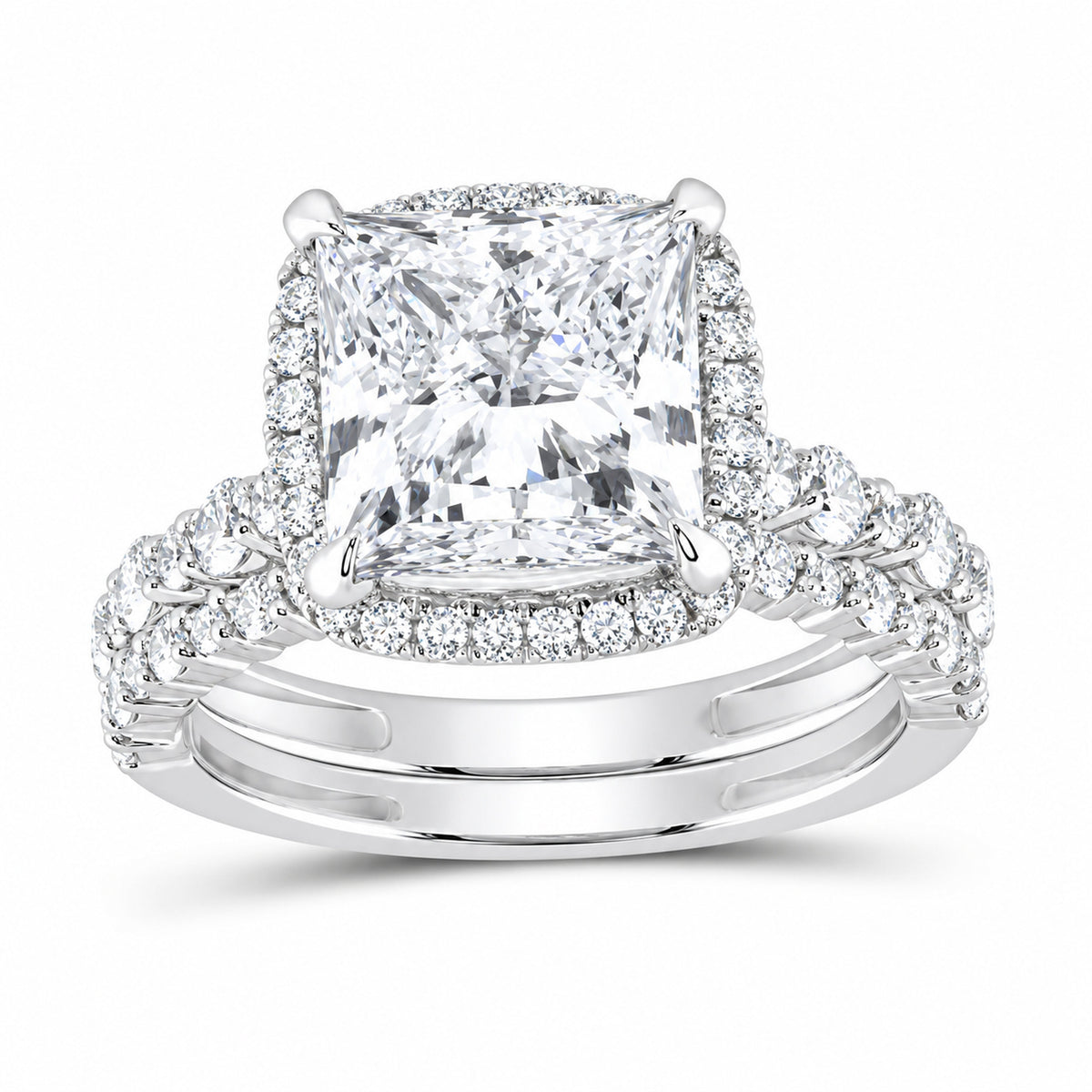 14K White Gold 5 CTW Lab-Grown Diamond Princess Cushion Halo Bridal Ring Set