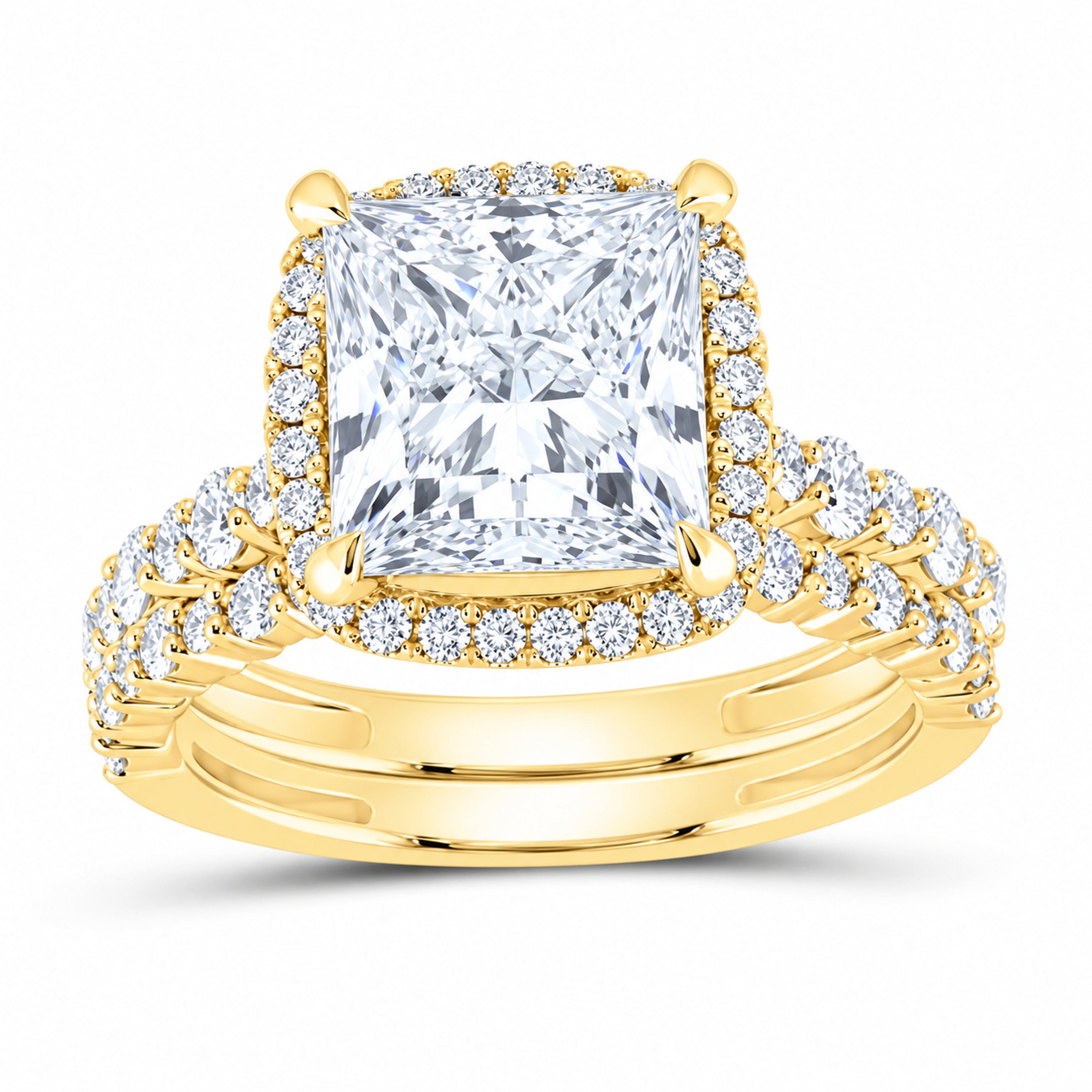 14K Yellow Gold 5 CTW Lab-Grown Diamond Princess Cushion Halo Bridal Ring Set