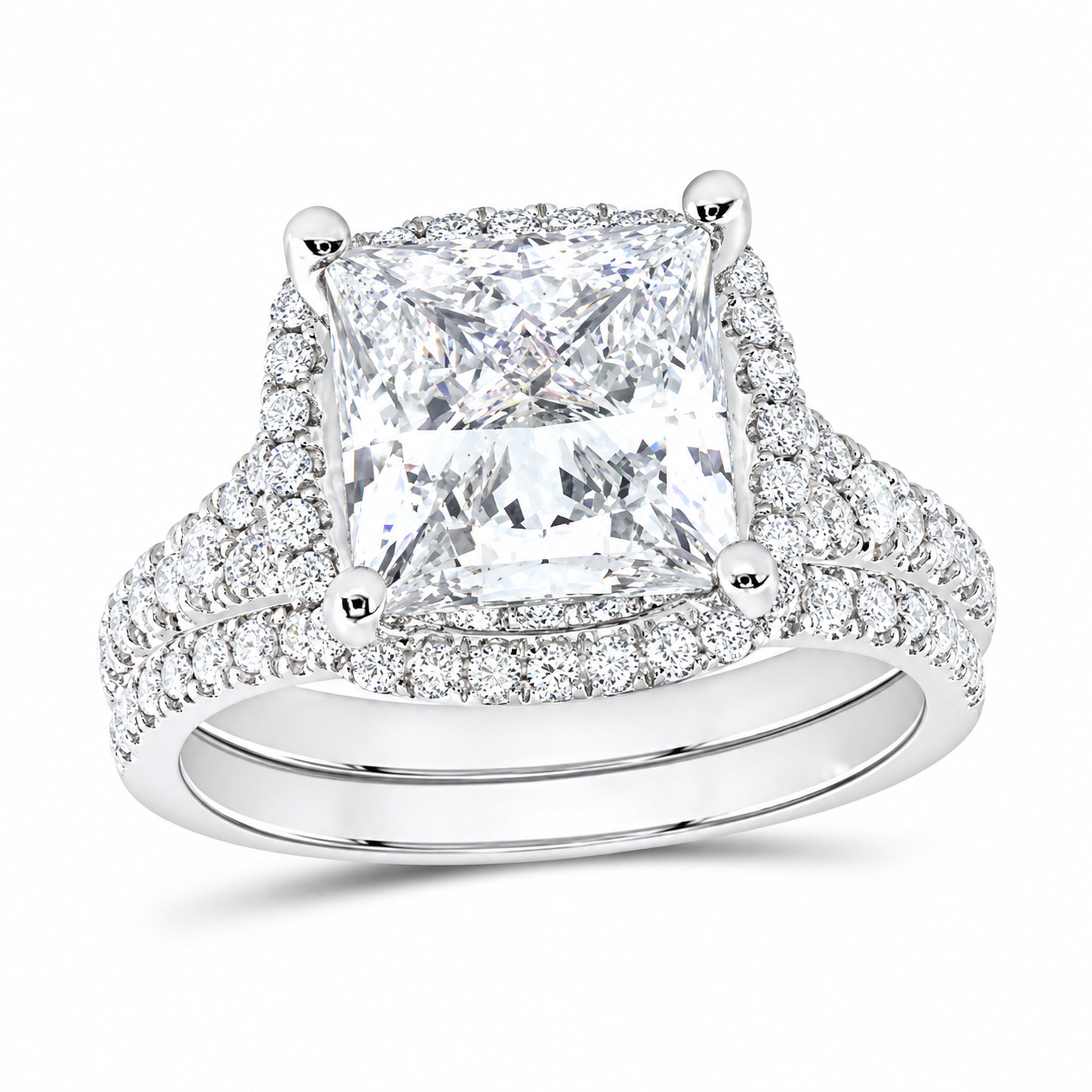 14K White Gold 4 7/8 CTW Lab-Grown Diamond Princess Cushion Halo Bridal Ring Set