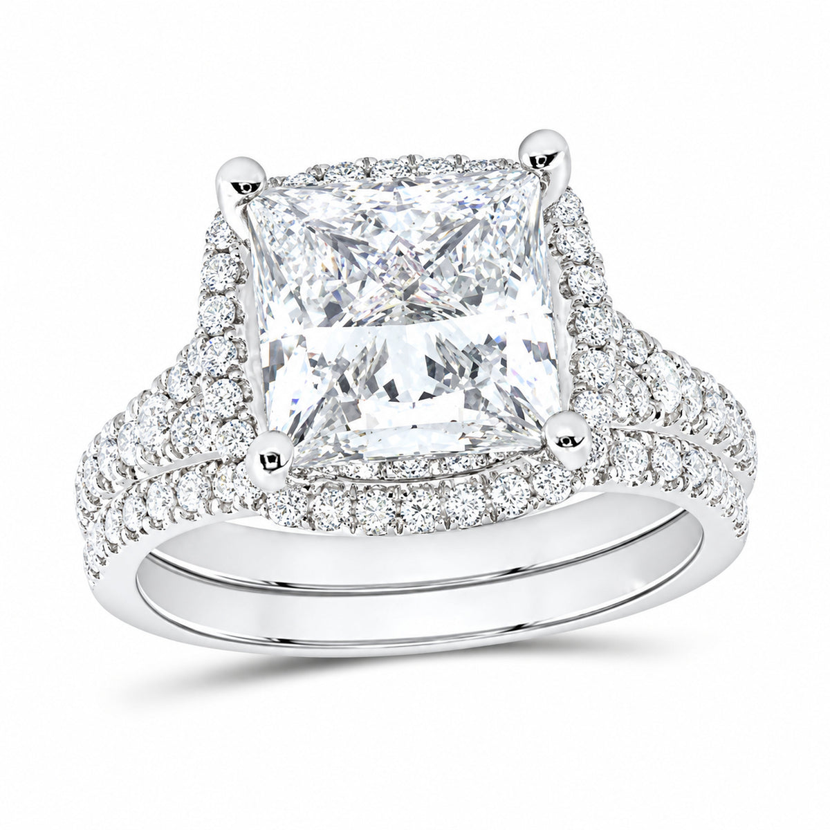 14K White Gold 4 7/8 CTW Lab-Grown Diamond Princess Cushion Halo Bridal Ring Set