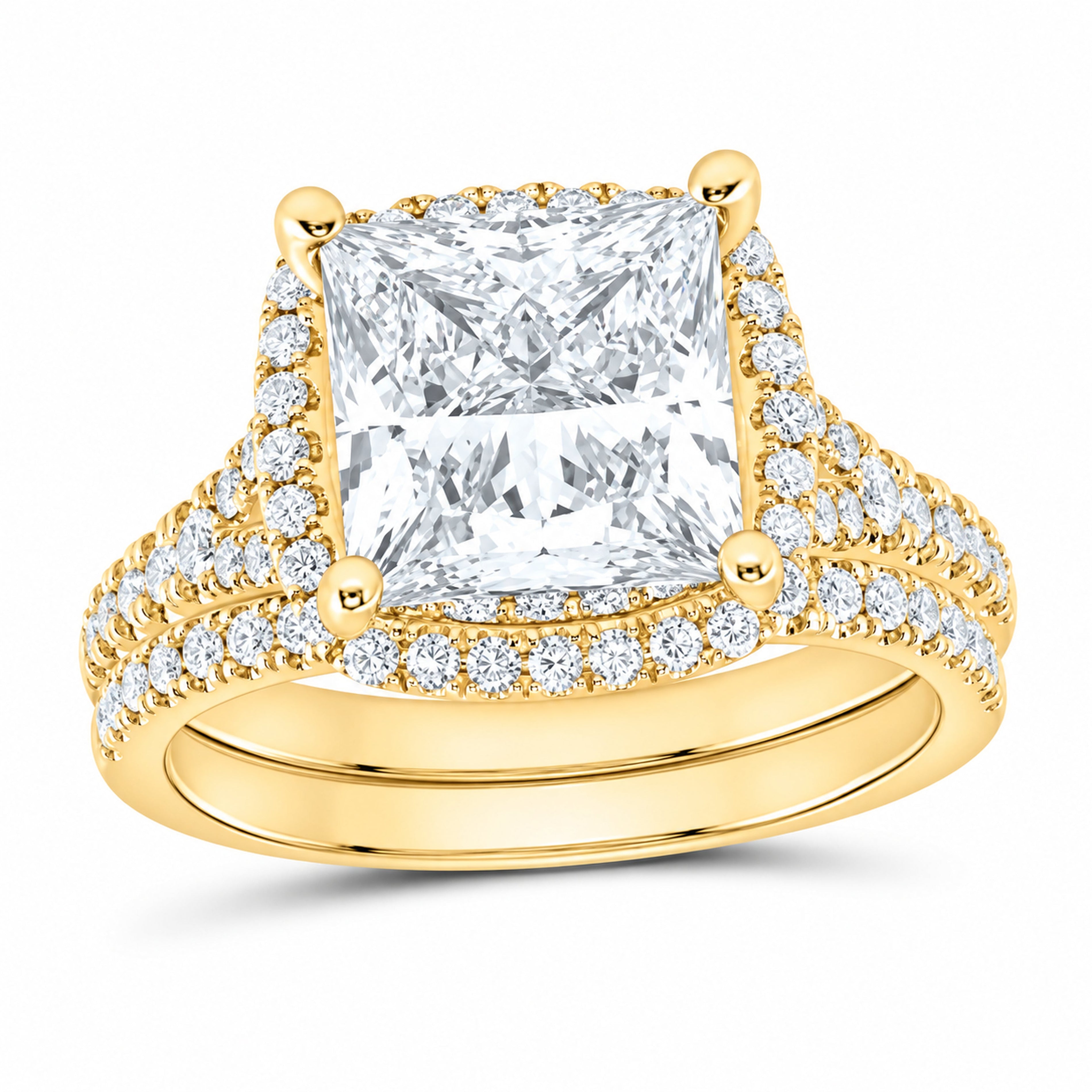 14K Yellow Gold 4 7/8 CTW Lab-Grown Diamond Princess Cushion Halo Bridal Ring Set