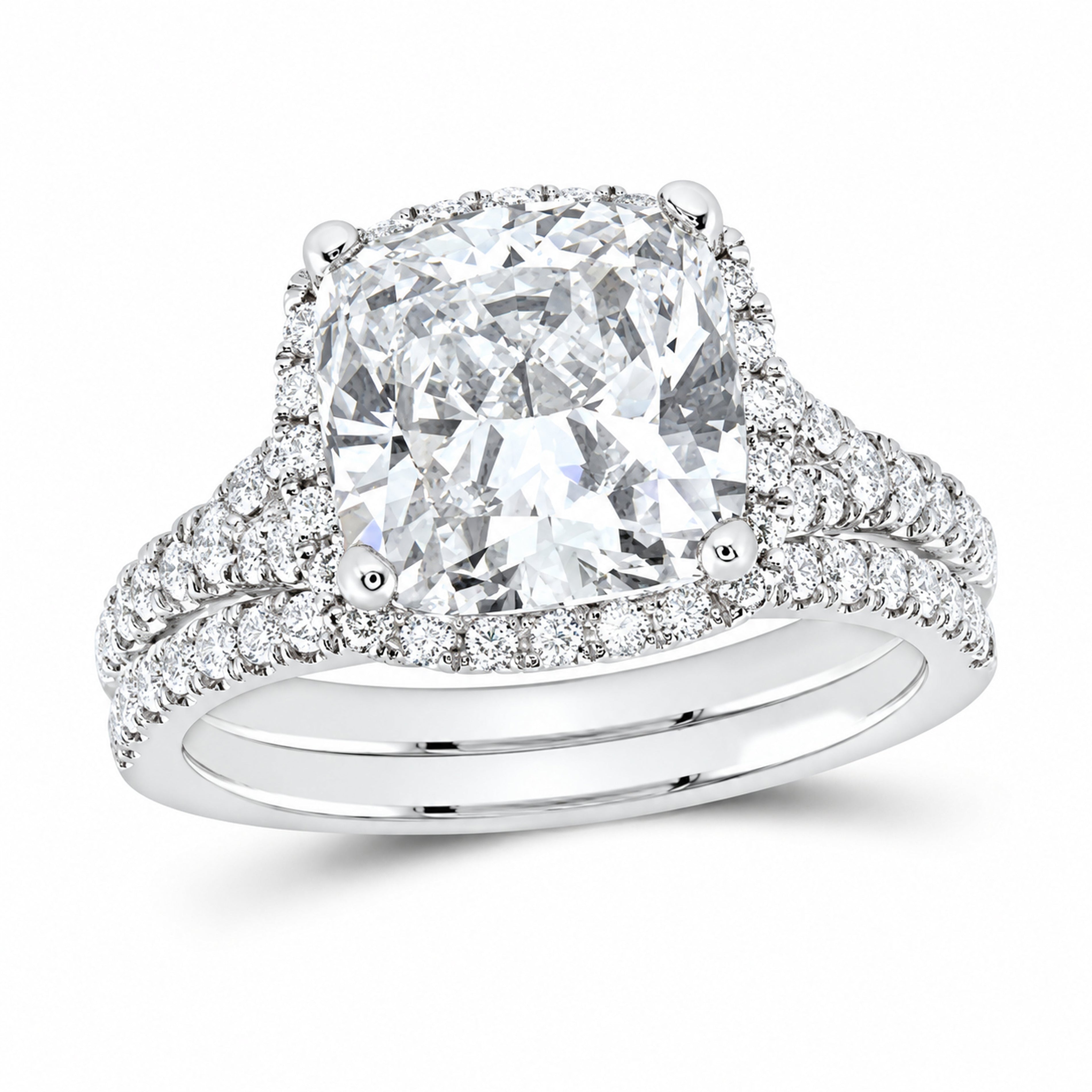 14K White Gold 4 3/4 CTW Lab-Grown Diamond Cushion Halo Bridal Ring Set