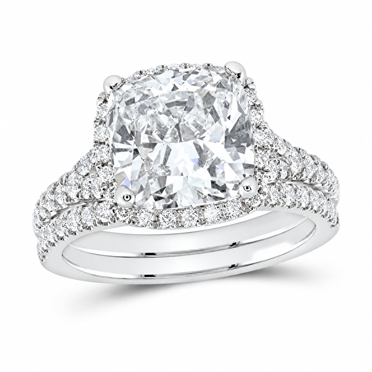 14K White Gold 4 3/4 CTW Lab-Grown Diamond Cushion Halo Bridal Ring Set