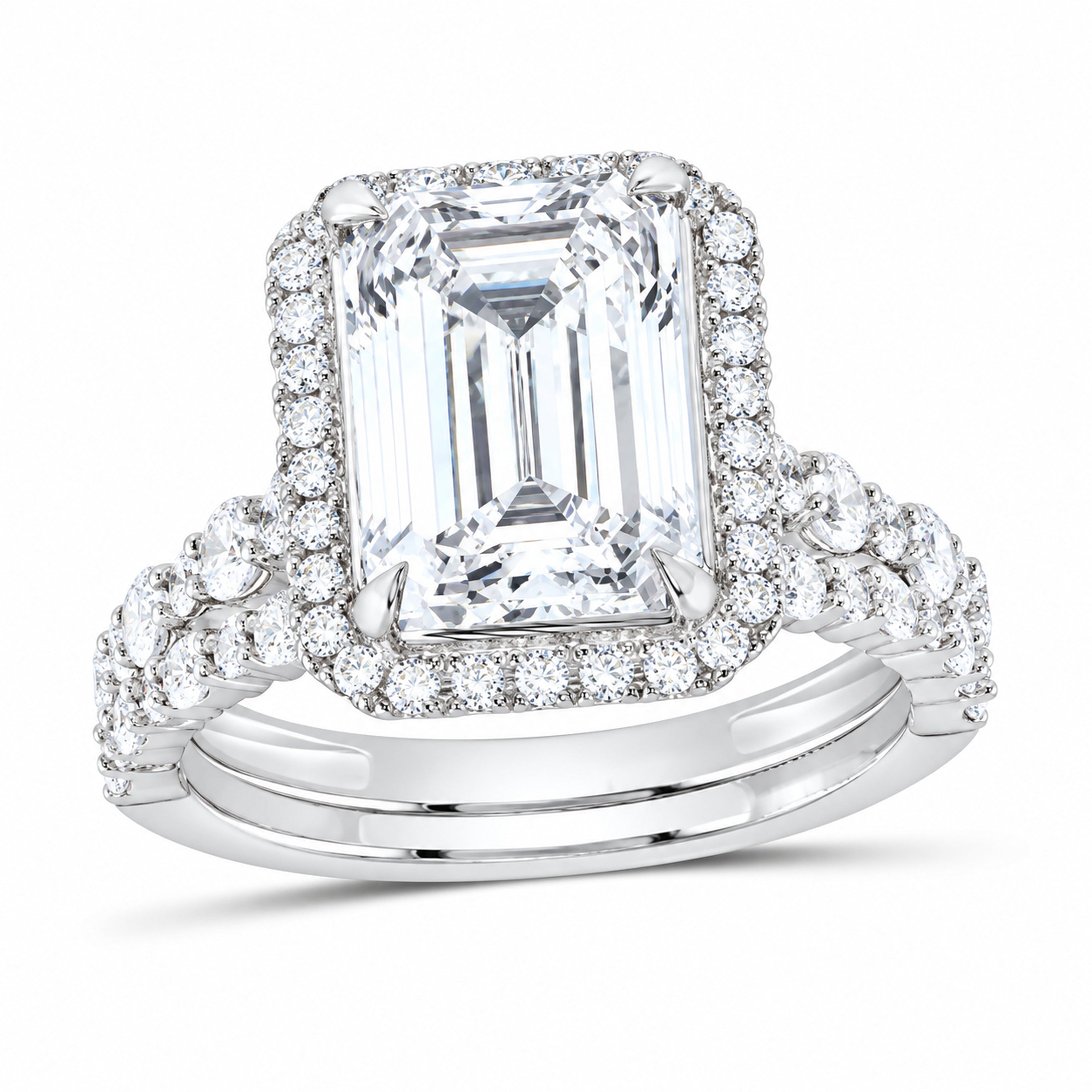 14K White Gold 5 CTW Lab-Grown Diamond Emerald Halo Bridal Ring Set