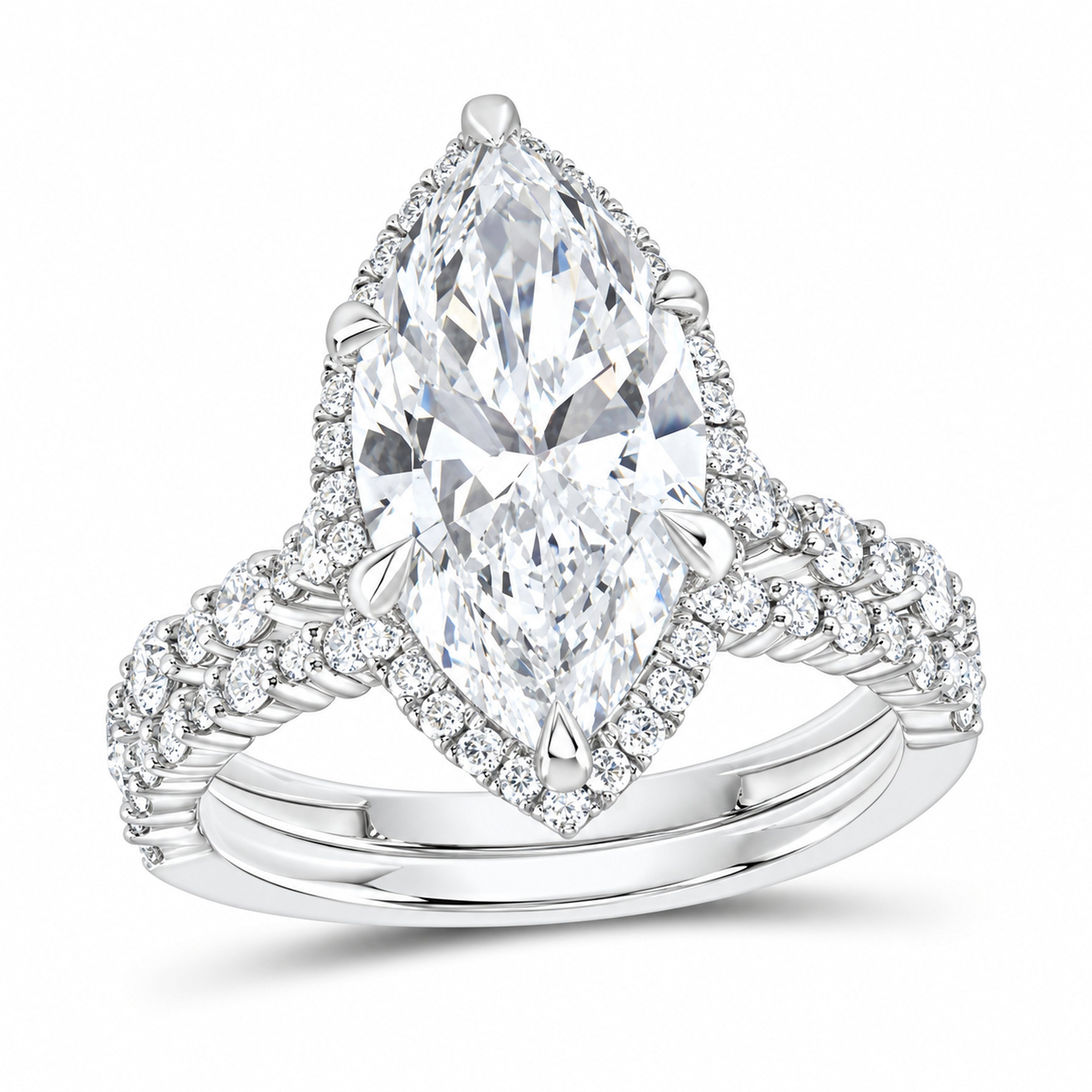 14K White Gold 5 CTW Lab-Grown Diamond Marquise Halo Bridal Ring Set