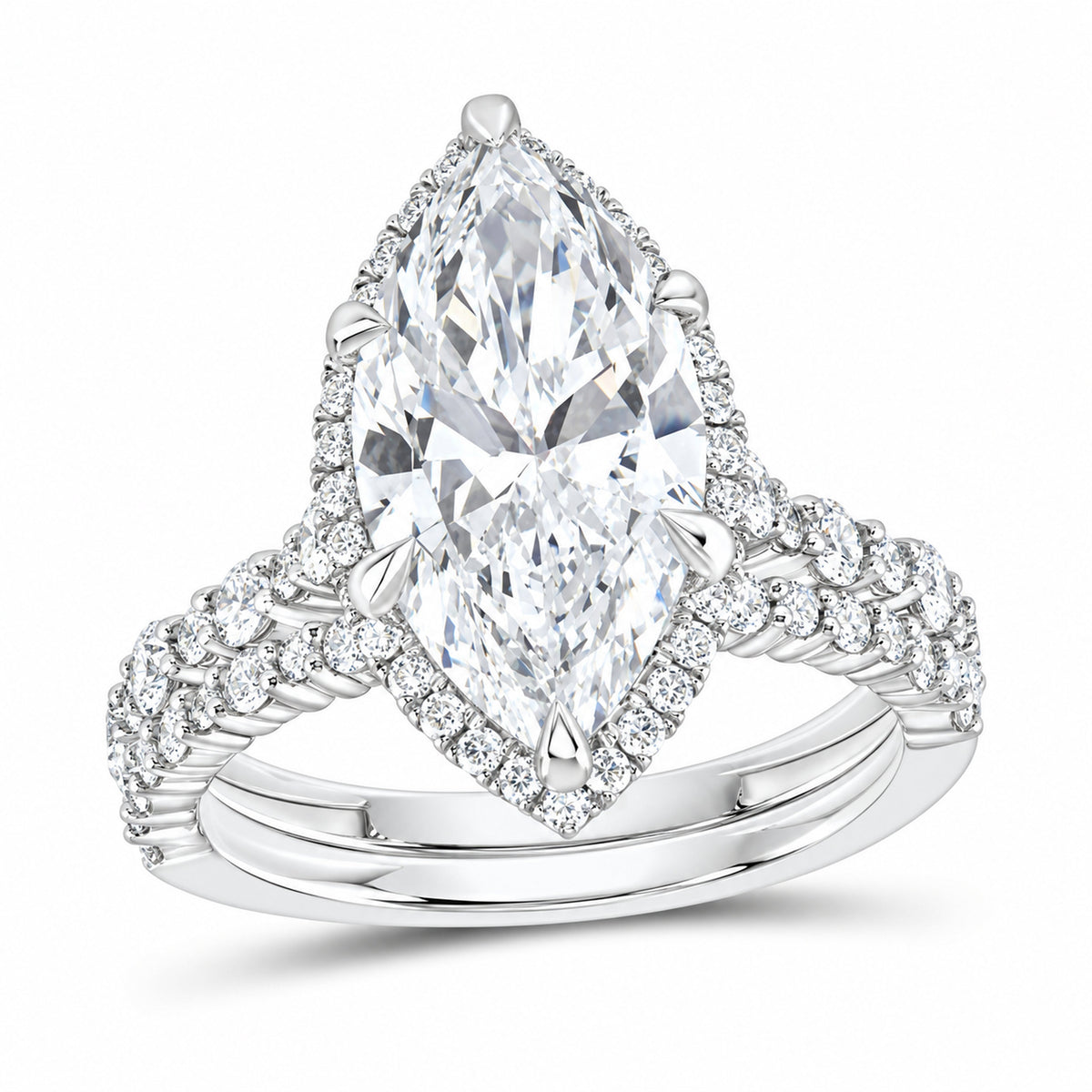 14K White Gold 5 CTW Lab-Grown Diamond Marquise Halo Bridal Ring Set
