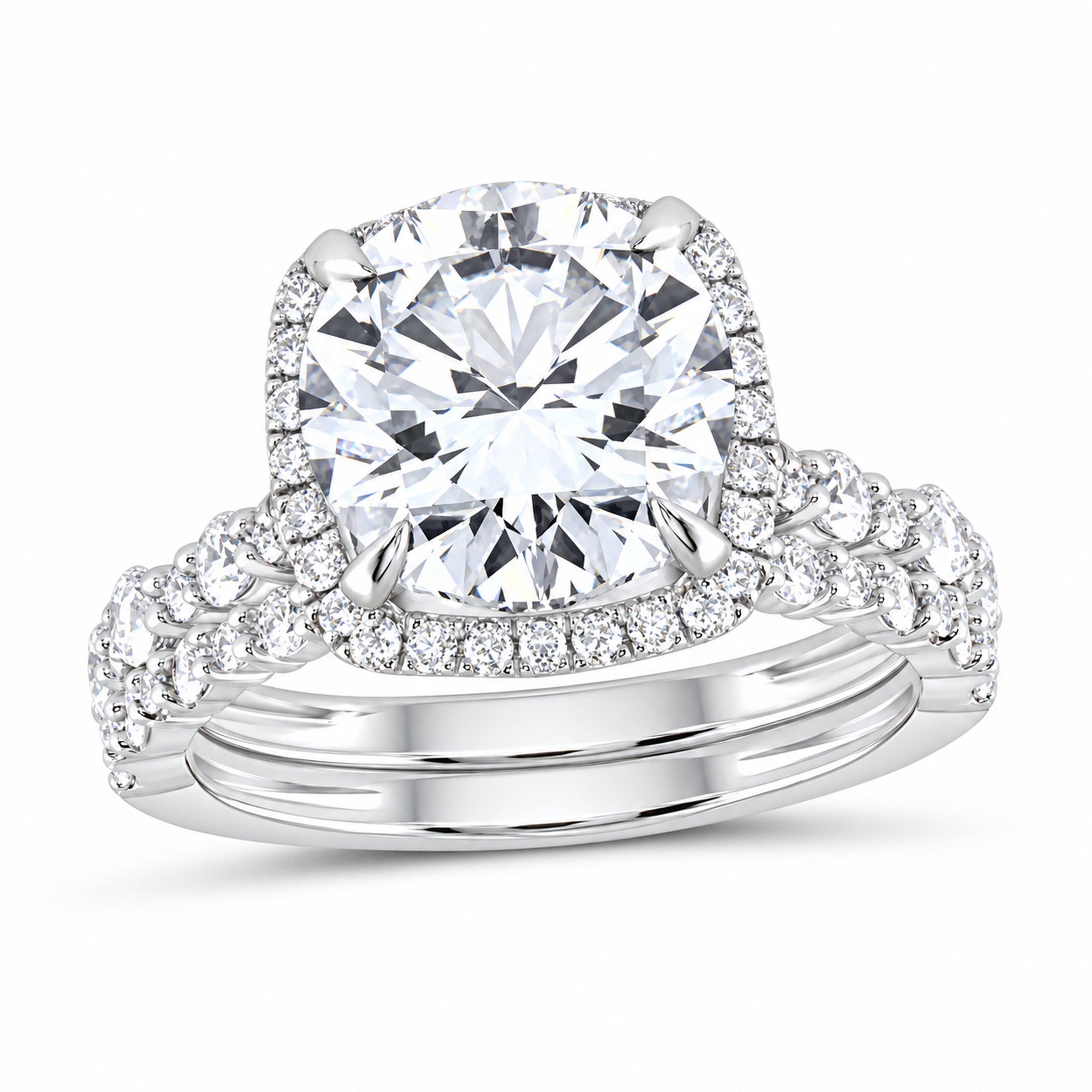 14K White Gold 5 CTW Lab-Grown Diamond Round Cushion Halo Bridal Ring Set