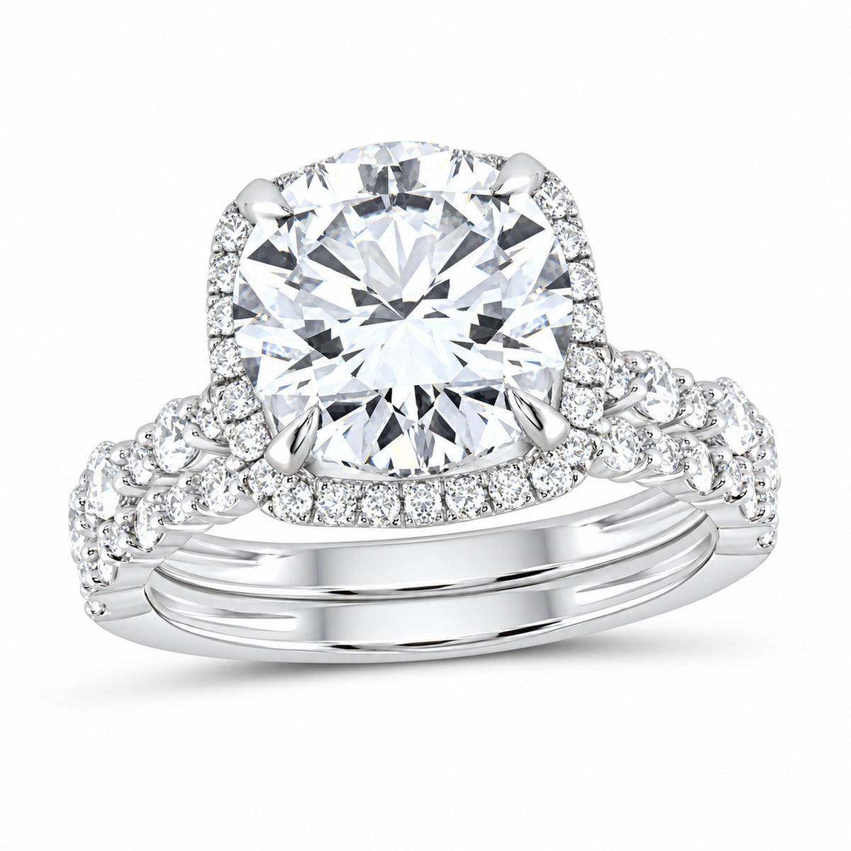 14K White Gold 5 CTW Lab-Grown Diamond Round Cushion Halo Bridal Ring Set