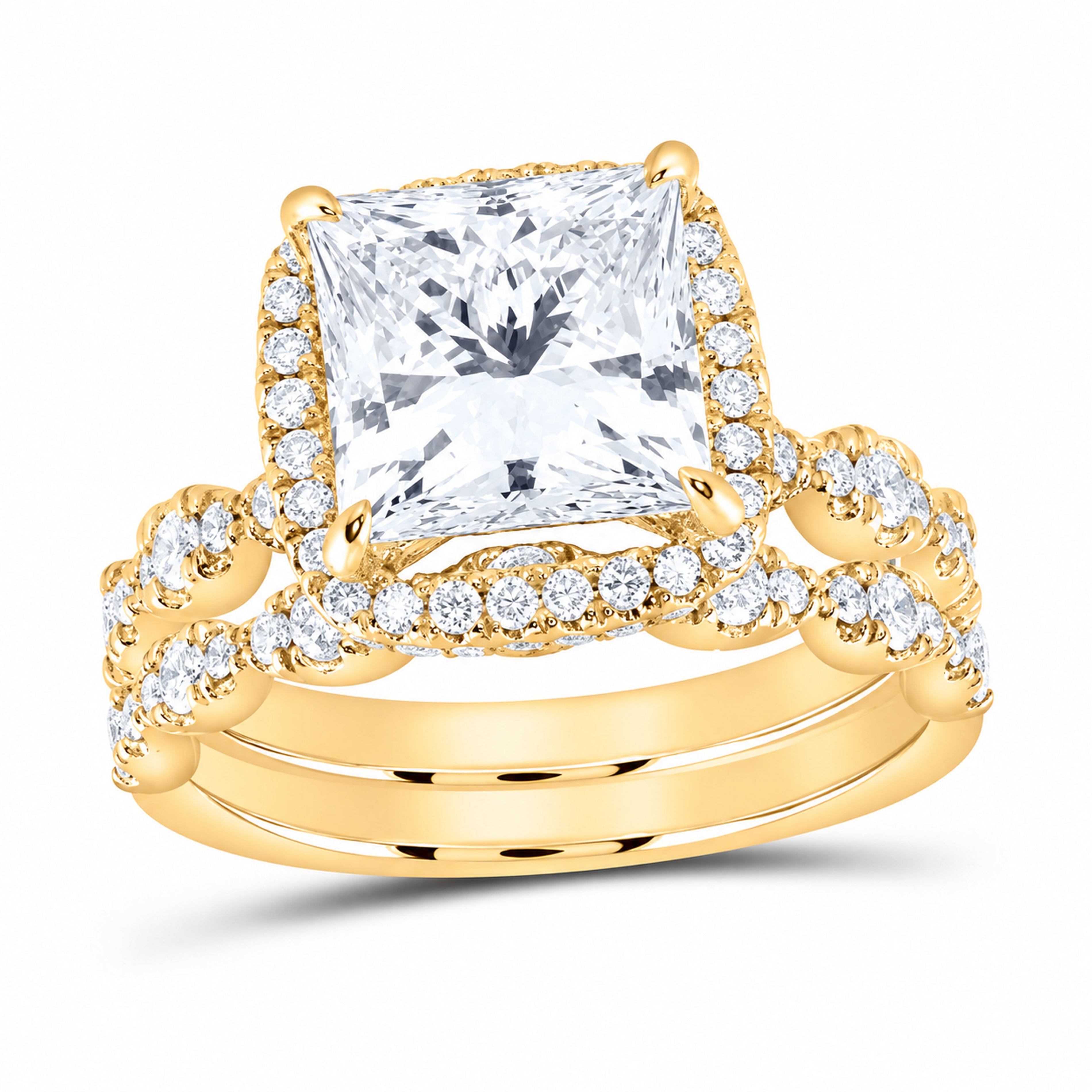 14K Yellow Gold 5 CTW Lab-Grown Diamond Princess Cushion Single Halo Bridal Ring Set