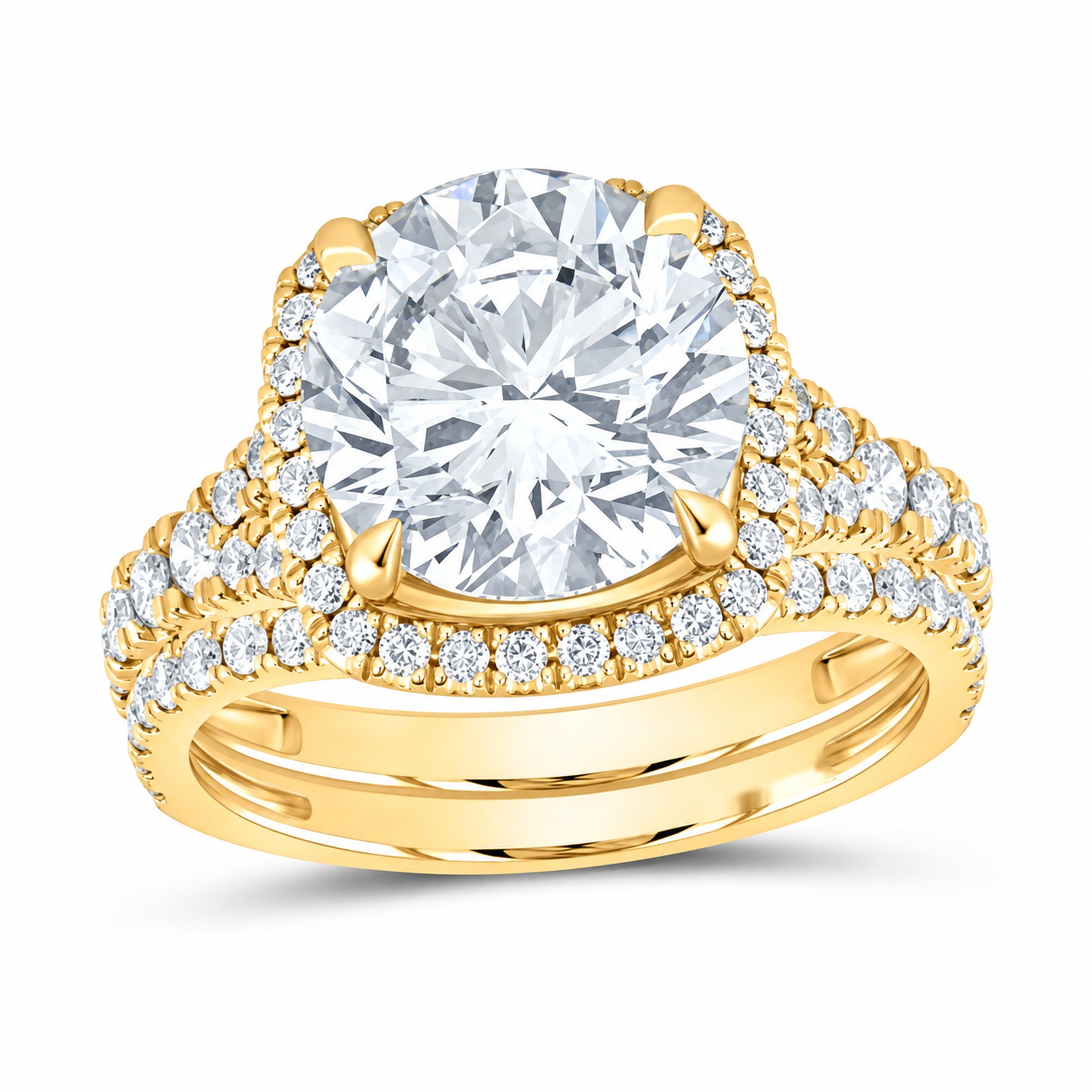 14K Yellow Gold 5 CTW Lab-Grown Diamond Round Cushion Single Halo Bridal Ring Set