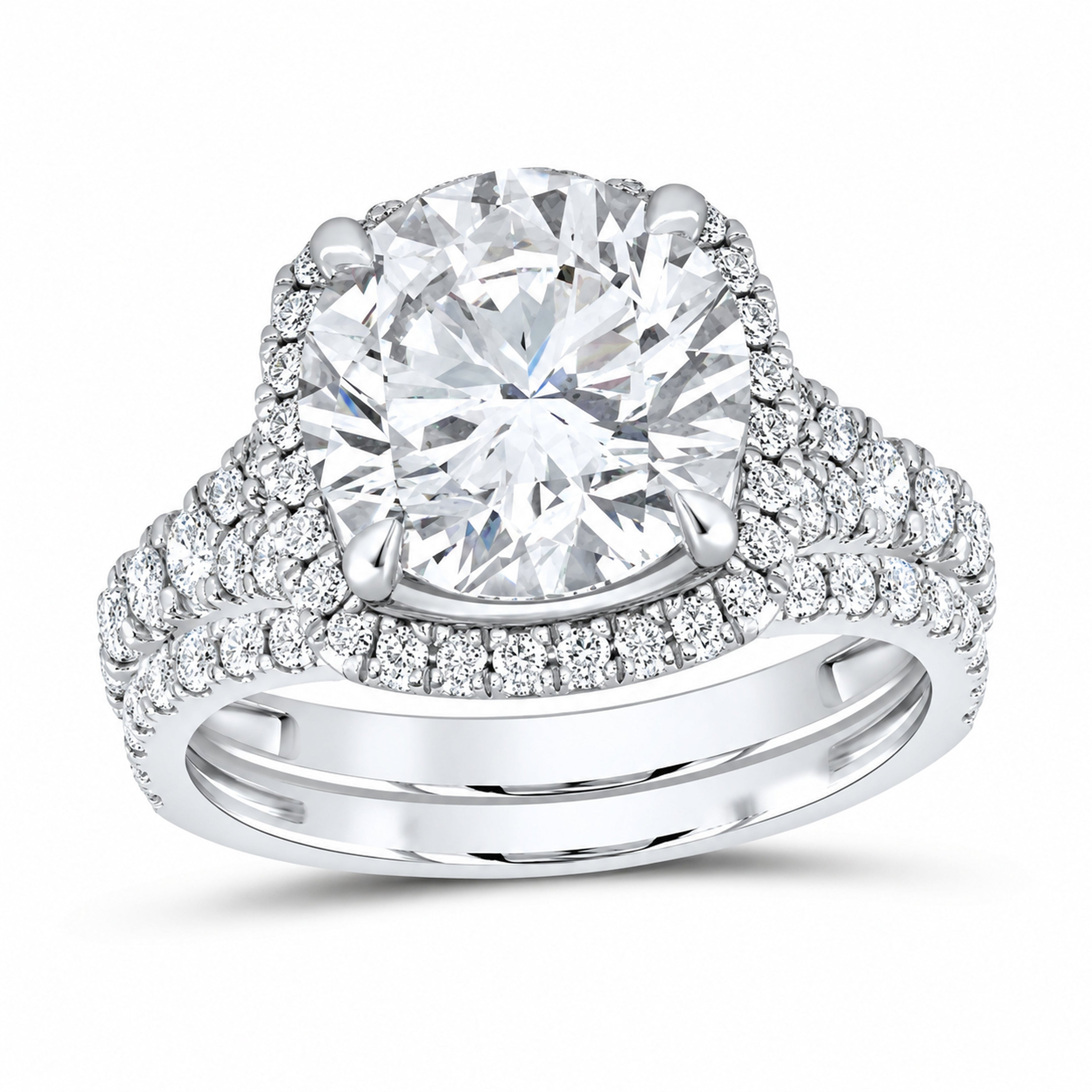 14K White Gold 5 CTW Lab-Grown Diamond Round Cushion Single Halo Bridal Ring Set