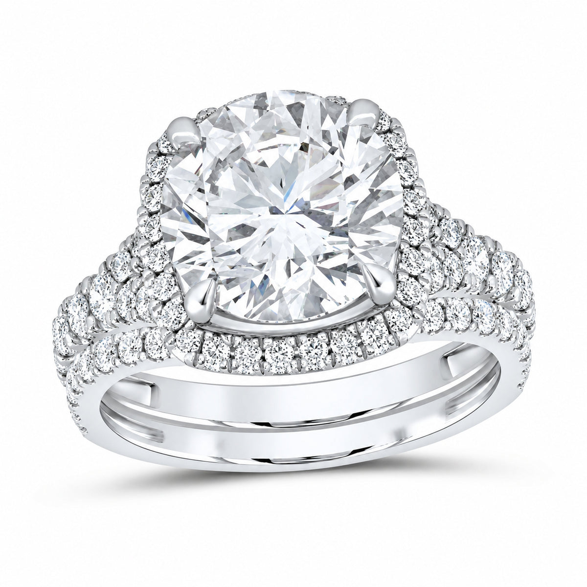 14K White Gold 5 CTW Lab-Grown Diamond Round Cushion Single Halo Bridal Ring Set