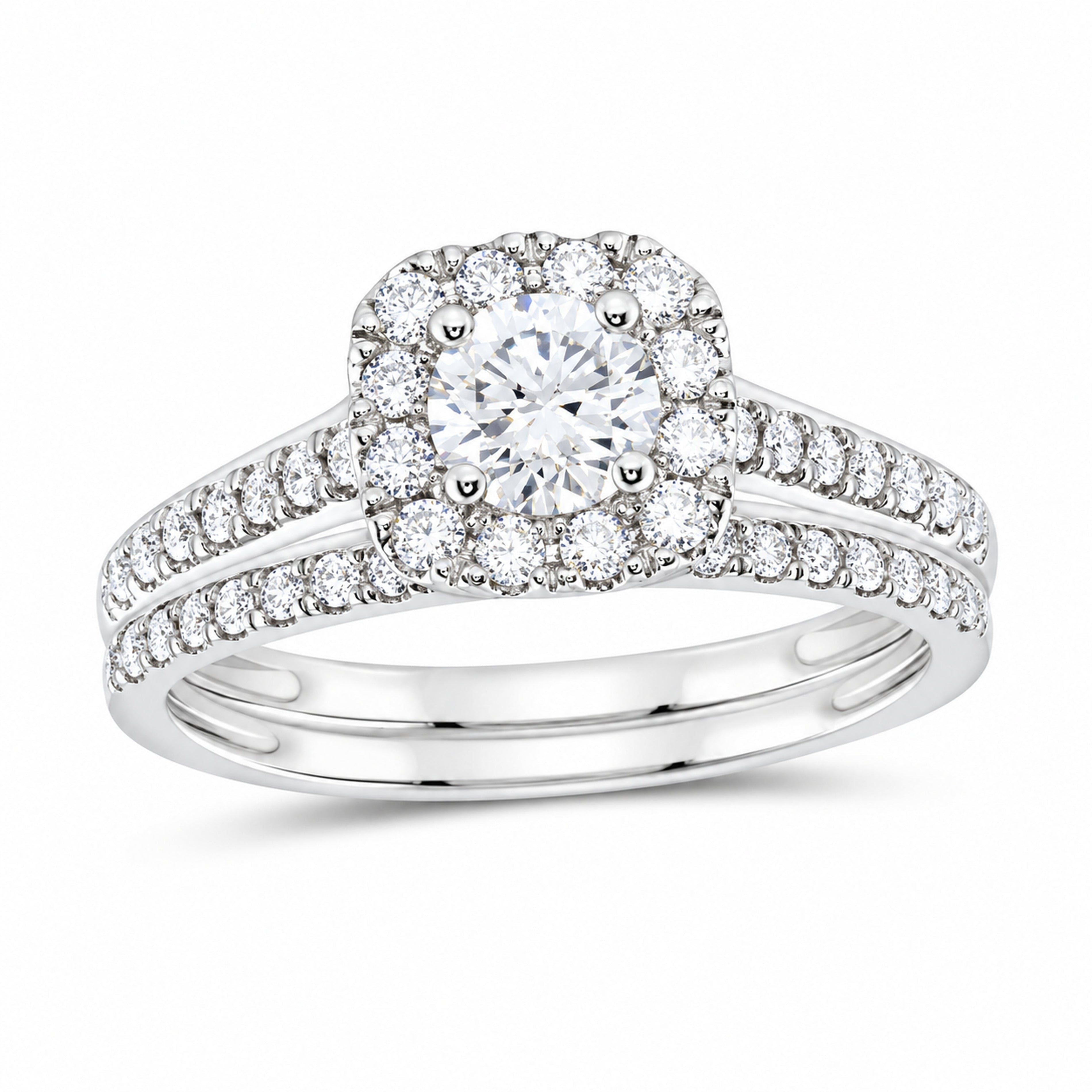 14K White Gold 1 CTW Lab-Grown Diamond Round Cushion Halo Bridal Ring Set
