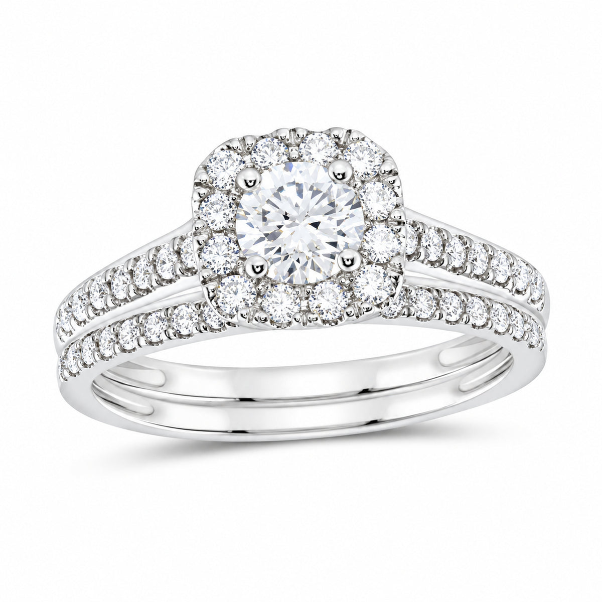 14K White Gold 1 CTW Lab-Grown Diamond Round Cushion Halo Bridal Ring Set