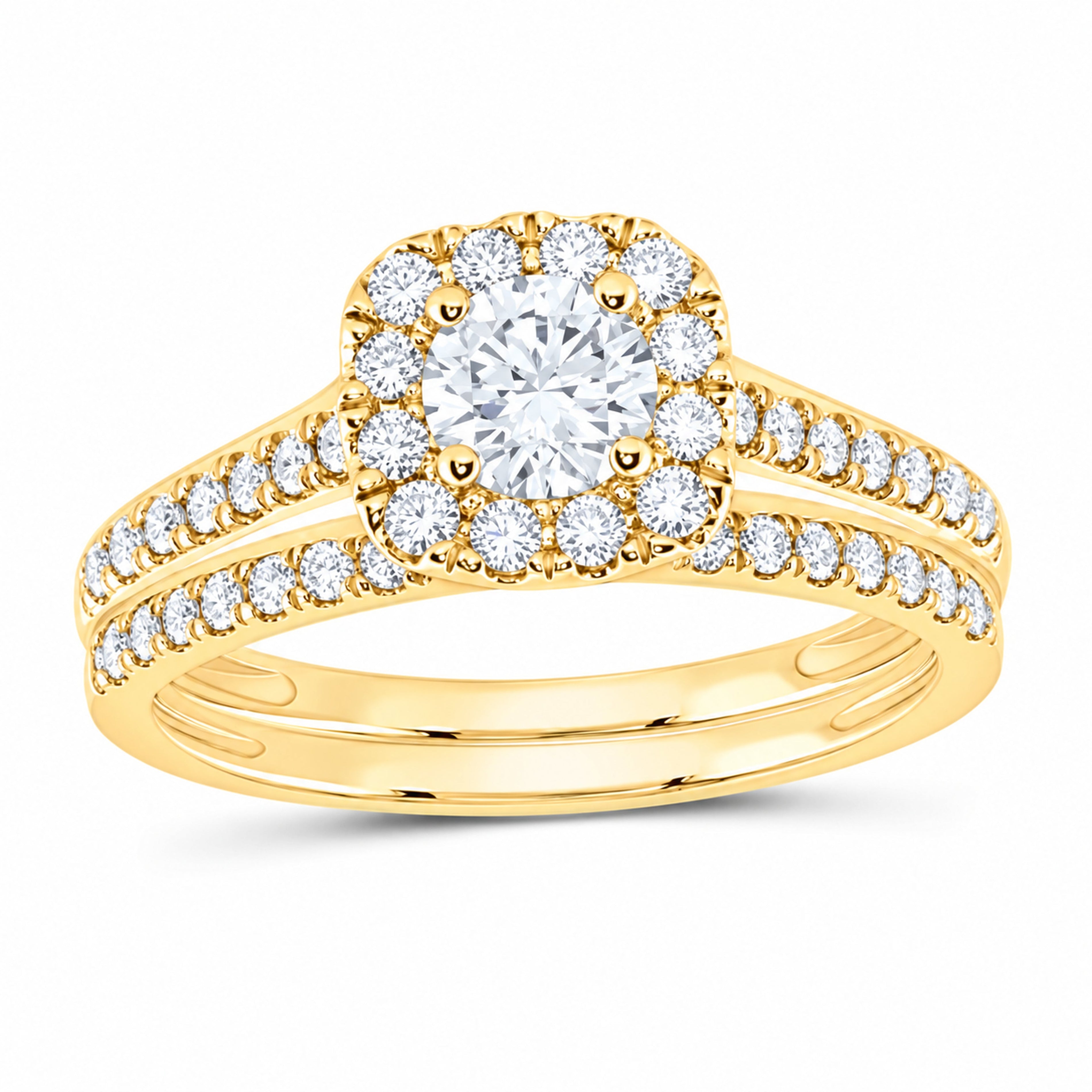 14K Yellow Gold 1 CTW Lab-Grown Diamond Round Cushion Halo Bridal Ring Set