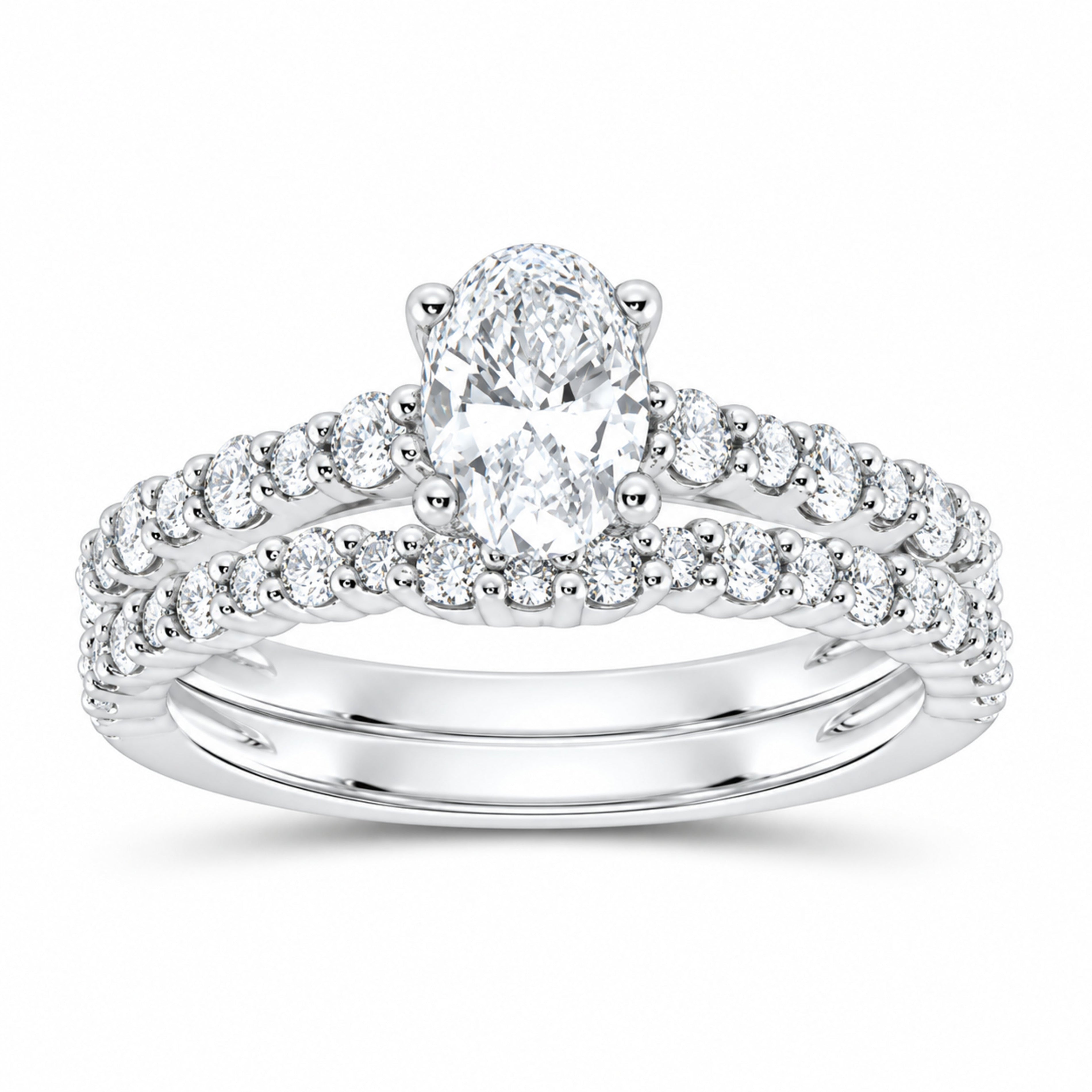 14K White Gold 1 1/2 CTW Lab-Grown Diamond Oval Halo Bridal Ring Set — SKU 11630