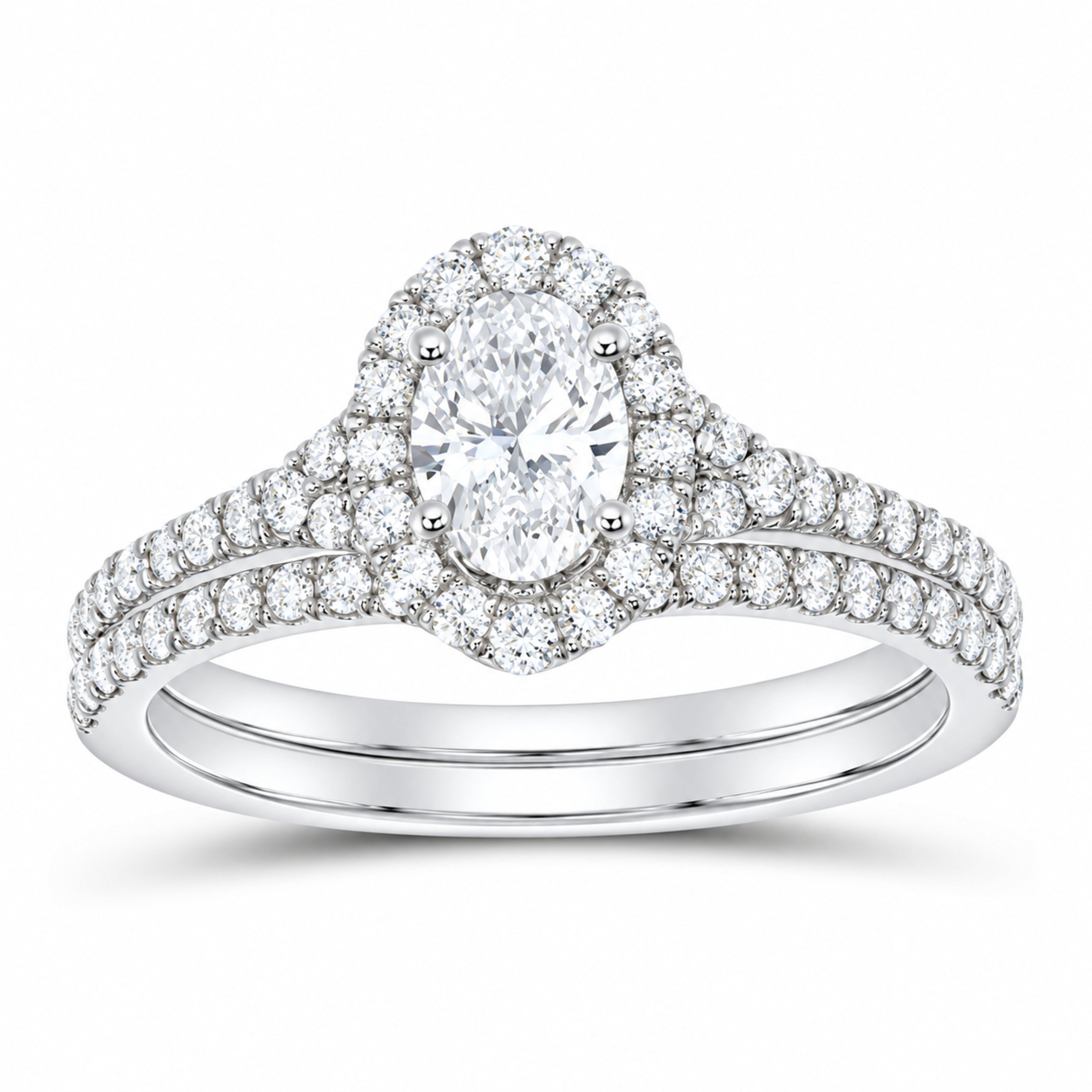 14K White Gold 1 CTW Lab-Grown Diamond Oval Single Halo Bridal Ring Set — SKU 11637