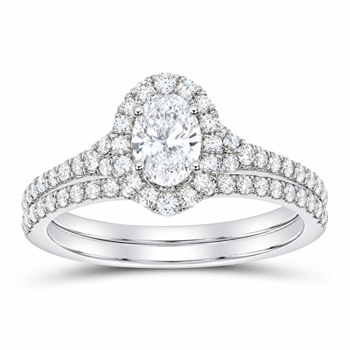 14K White Gold 1 CTW Lab-Grown Diamond Oval Single Halo Bridal Ring Set — SKU 11637