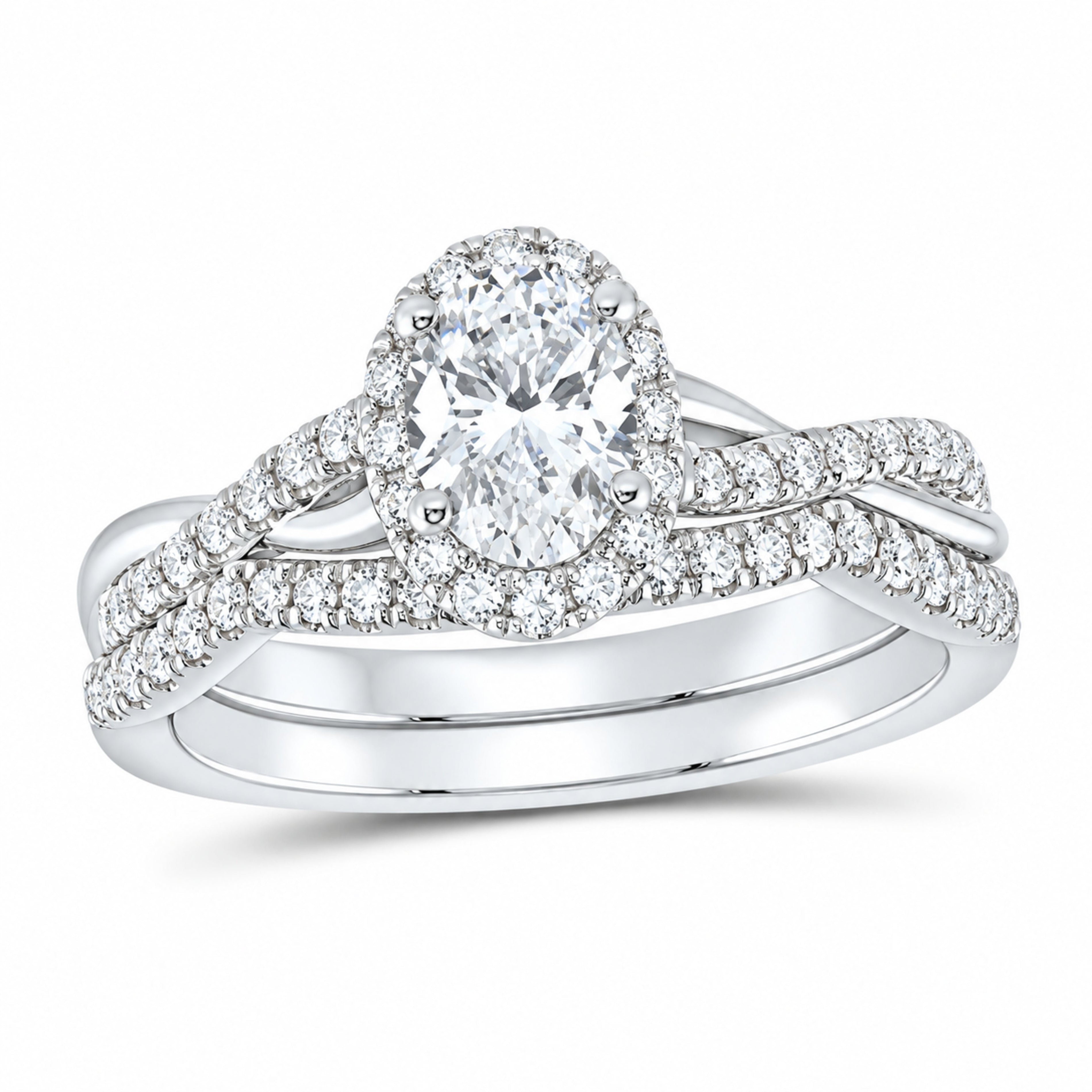 14K White Gold 1 CTW Lab-Grown Diamond Oval Single Halo Bridal Ring Set — SKU 11639