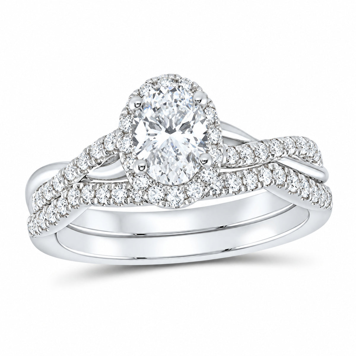 14K White Gold 1 CTW Lab-Grown Diamond Oval Single Halo Bridal Ring Set — SKU 11639